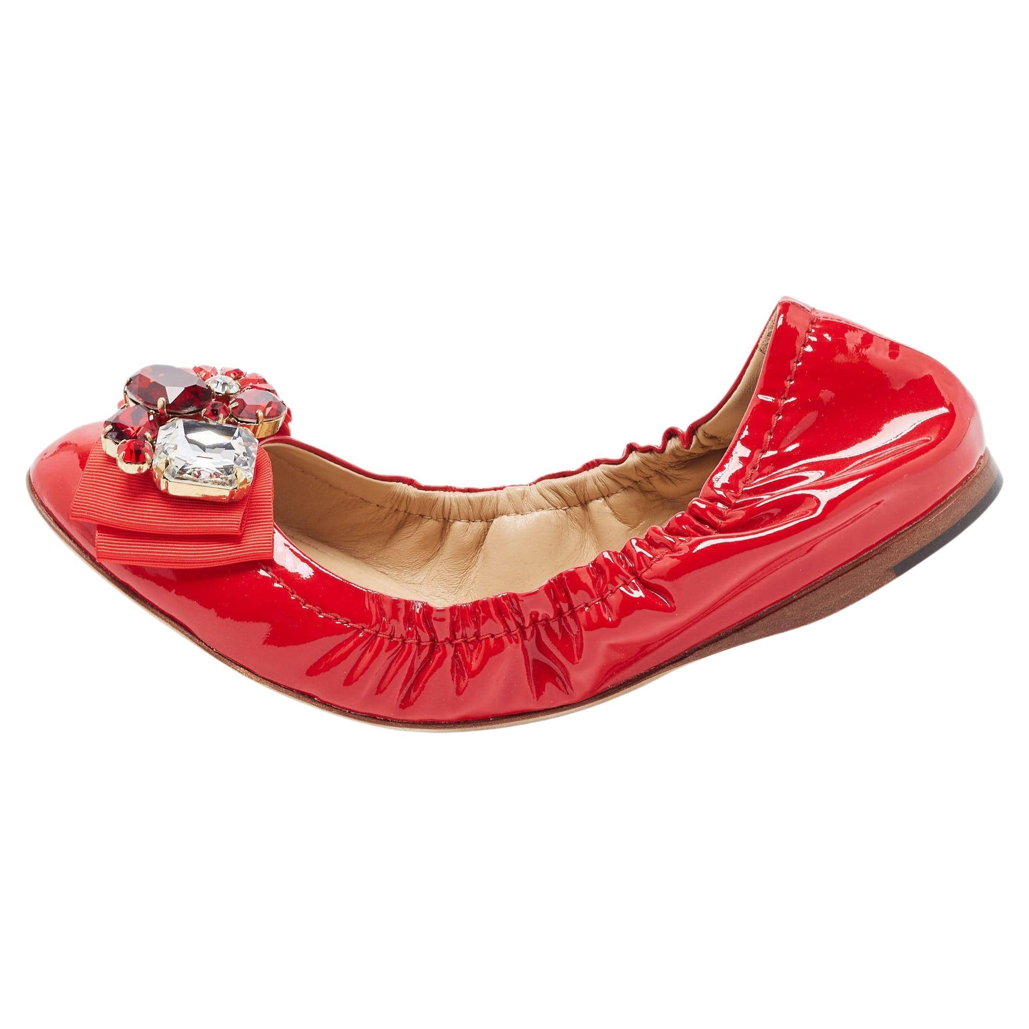 Dolce & Gabbana Red Patent Leather Crystal Embellished Bow Scrunch Ballet Flats 