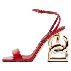 Dolce & Gabbana Red Patent Leather DG Heel Ankle Strap Sandals Size 40