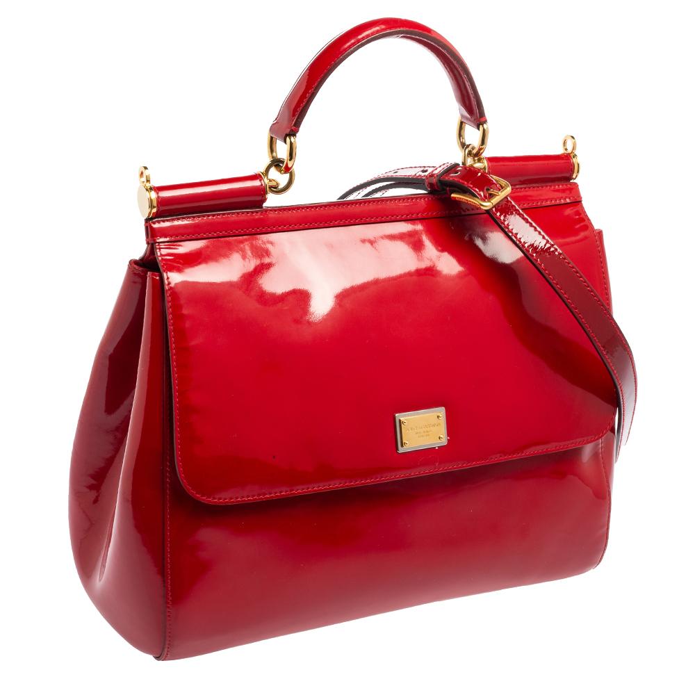 Dolce & Gabbana Red Patent Leather Large Miss Sicily Top Handle Bag In Good Condition In Dubai, Al Qouz 2