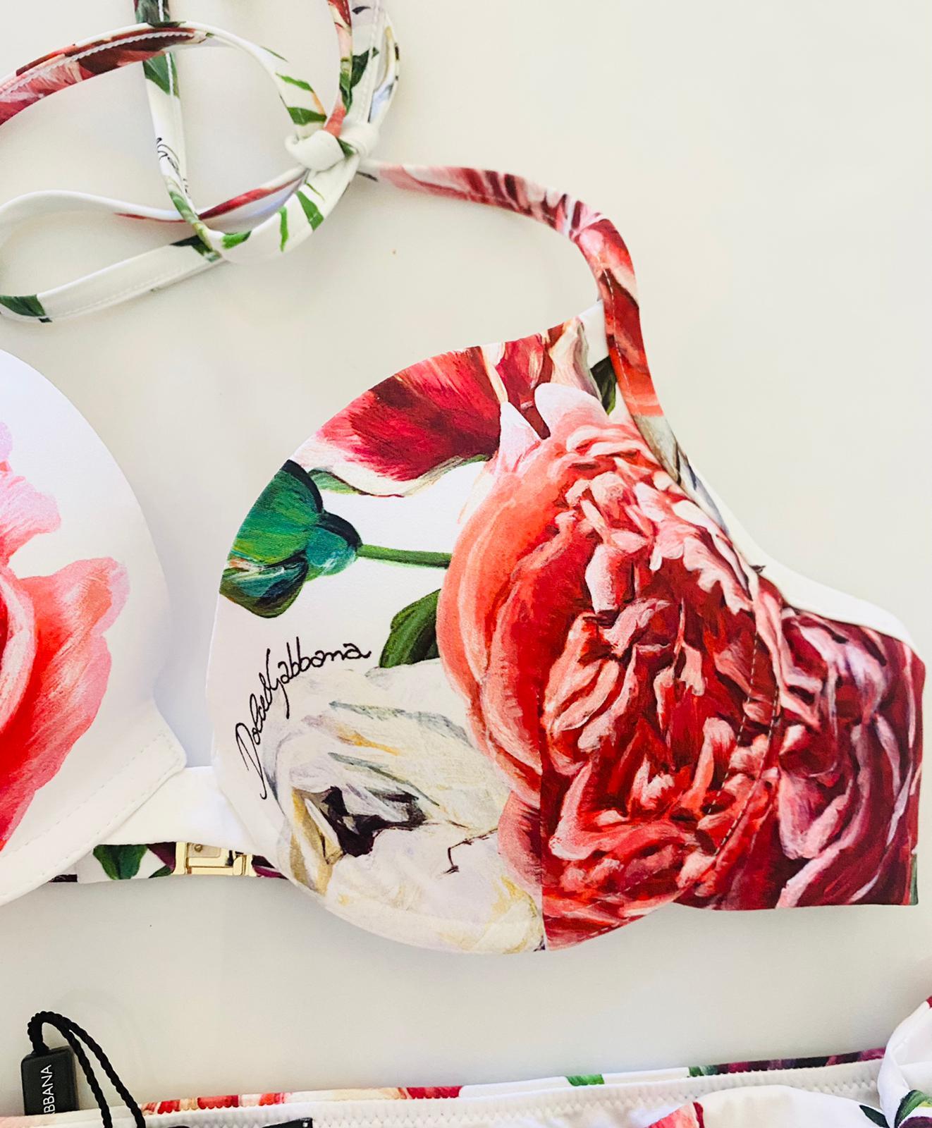 Beige Dolce & Gabbana Red Pink Peony Floral Swimsuit Swimwear Bikini Bows Beachwear For Sale