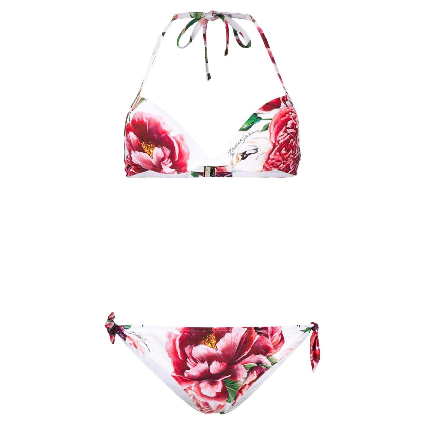 Dolce and Gabbana Red Pink Peony Floral Swimsuit Swimwear Bikini Bows  Beachwear For Sale at 1stDibs