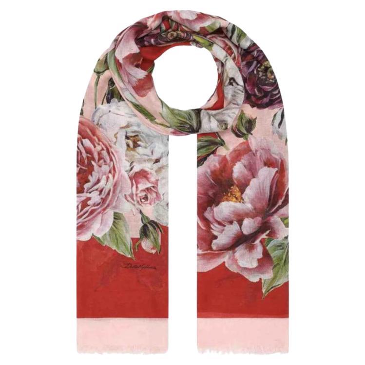 Dolce & Gabbana Red Pink Silk Peony Rose Floral Scarf Wrap Large Flowers DG