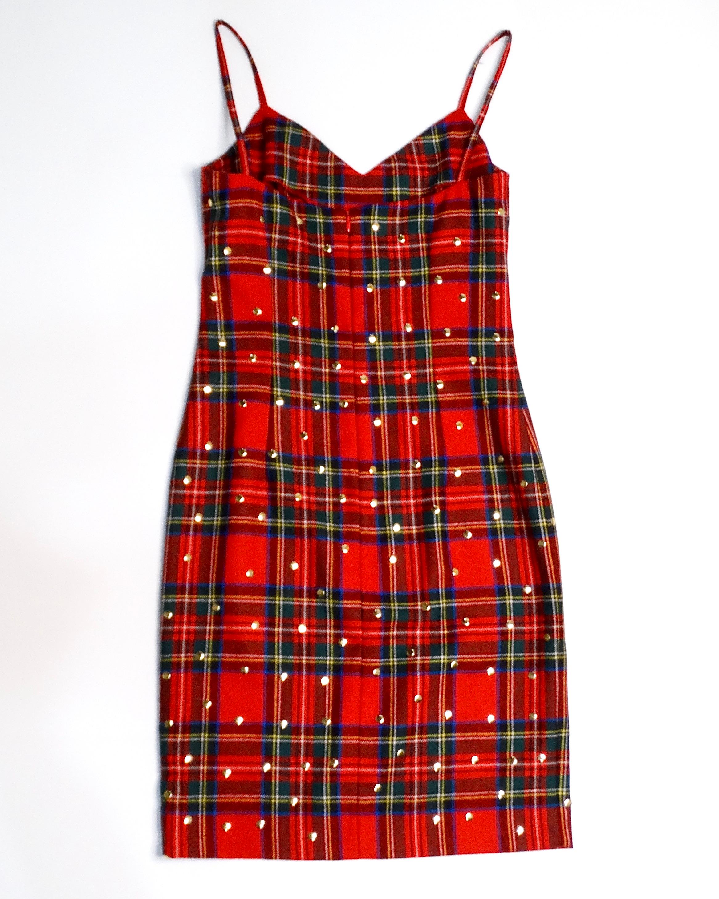 Dolce & Gabbana Red Plaid Studded Wool Dress In Good Condition For Sale In Scottsdale, AZ