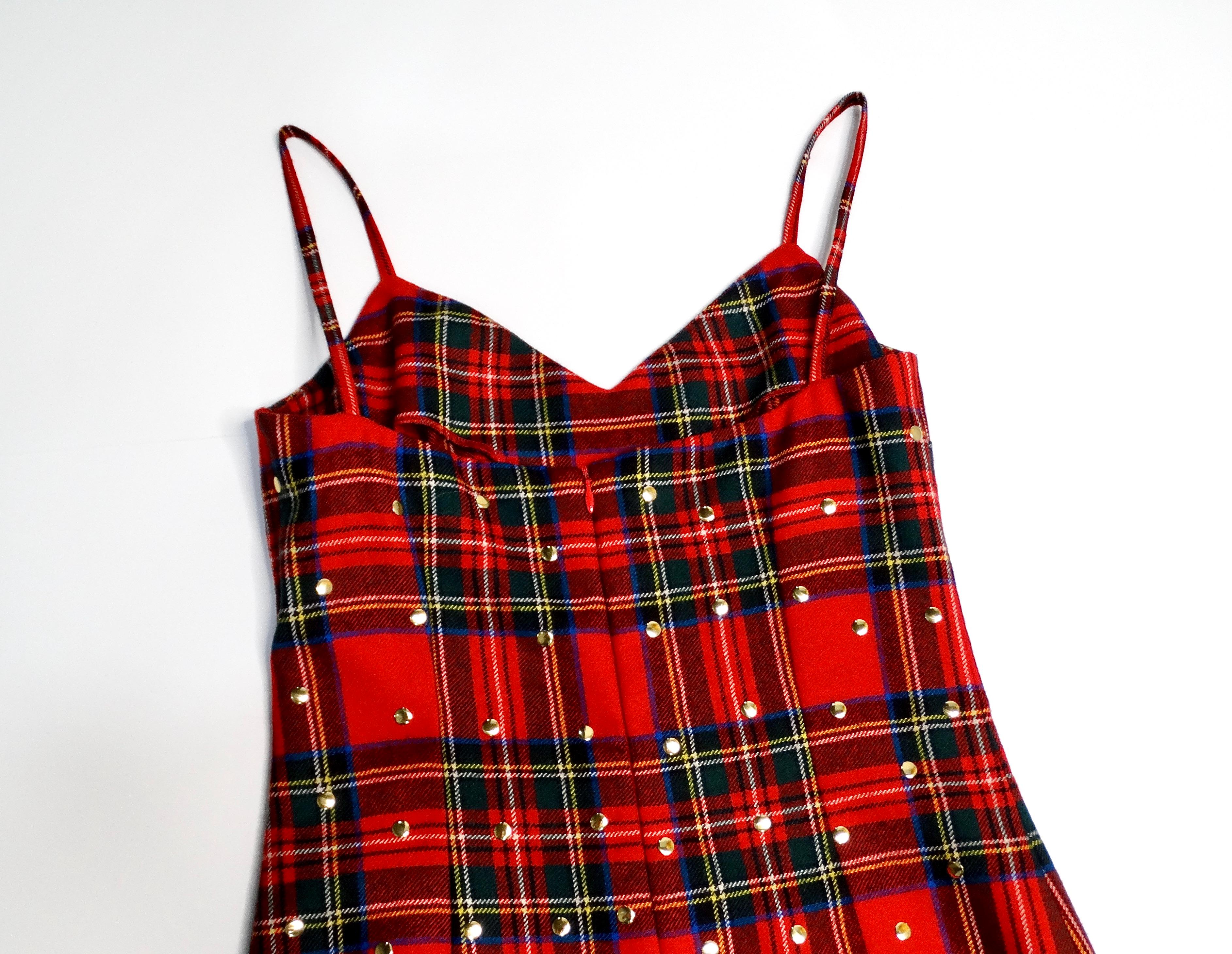 Women's Dolce & Gabbana Red Plaid Studded Wool Dress For Sale