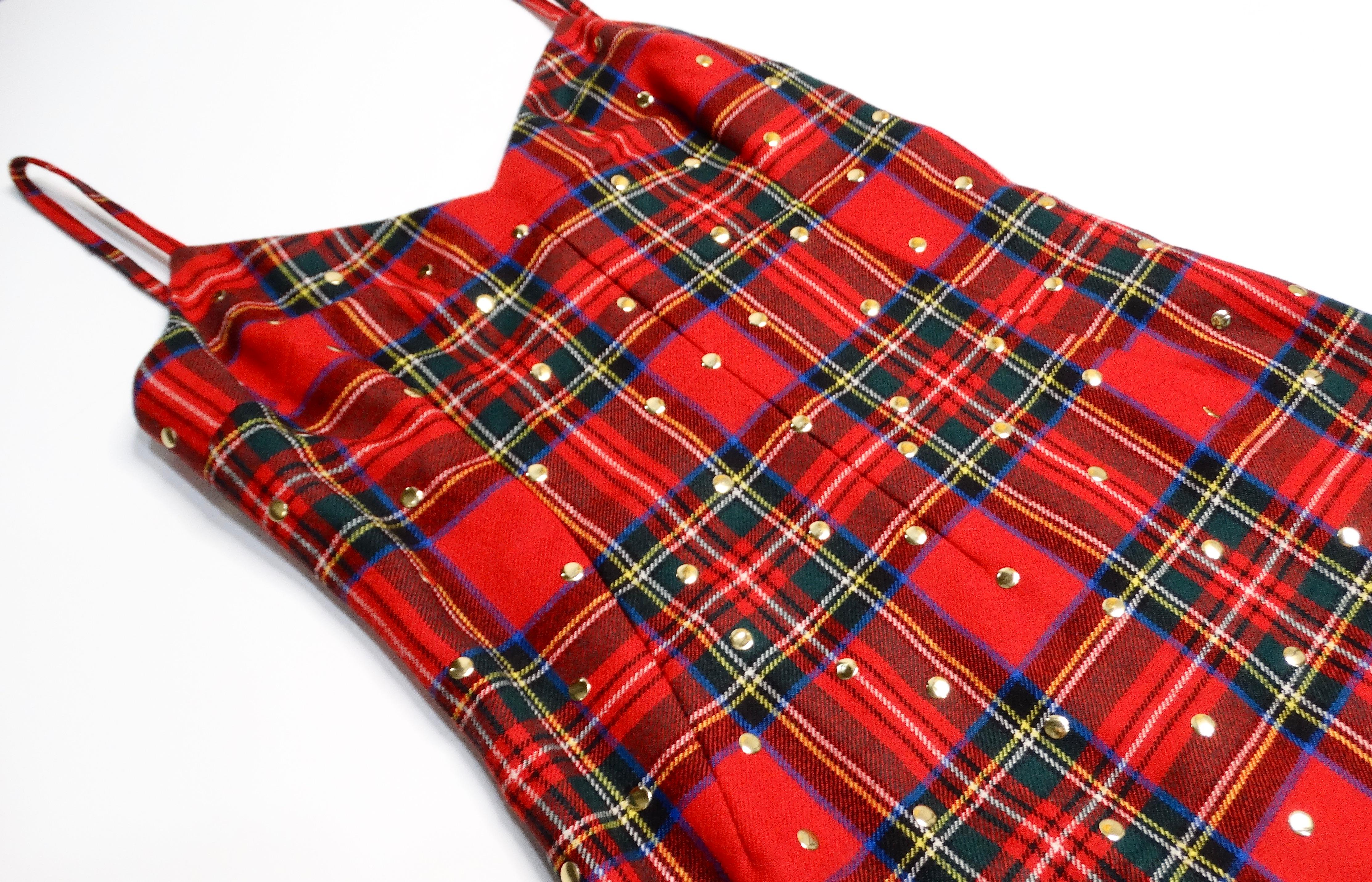 Dolce & Gabbana Red Plaid Studded Wool Dress For Sale 1