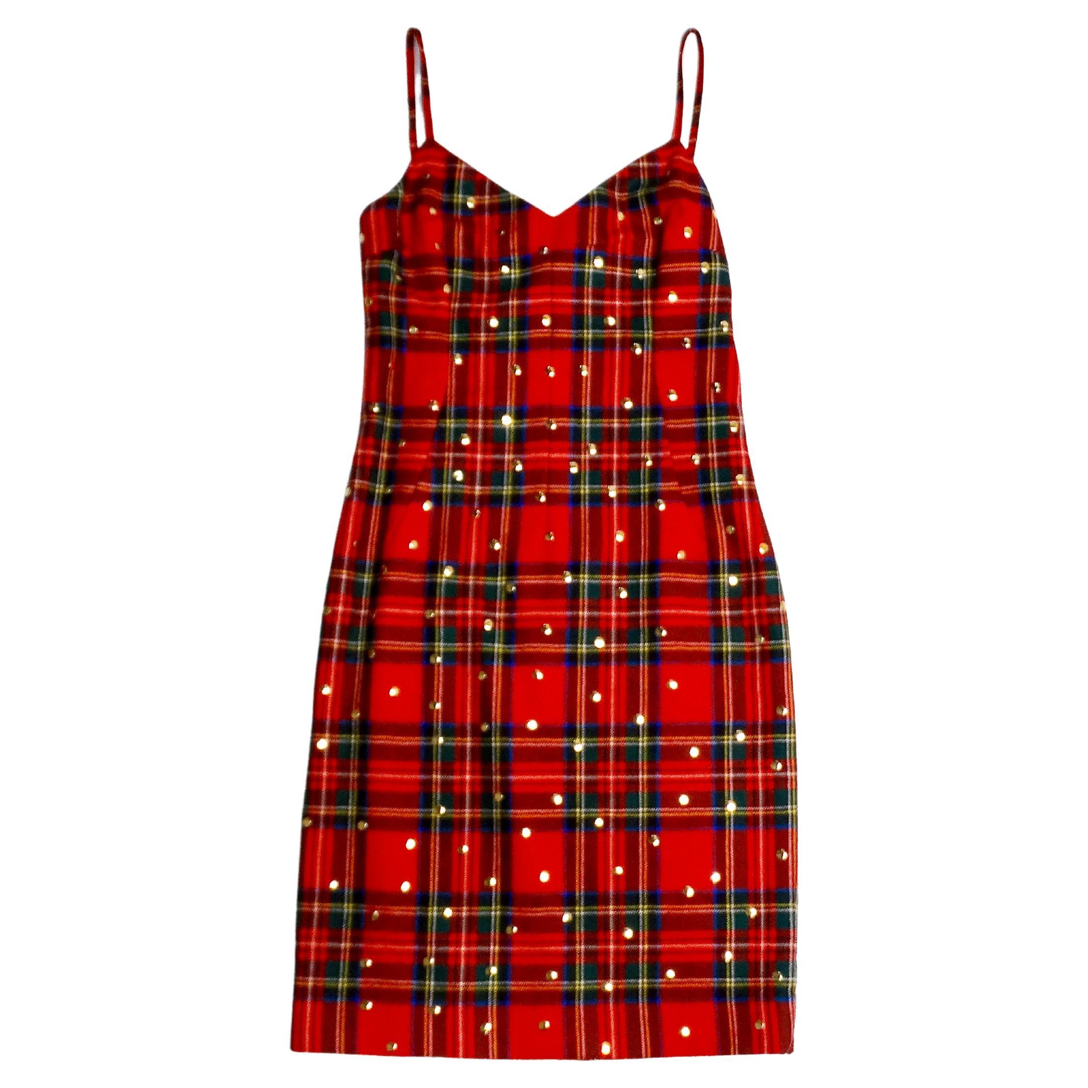 Dolce & Gabbana Red Plaid Studded Wool Dress For Sale