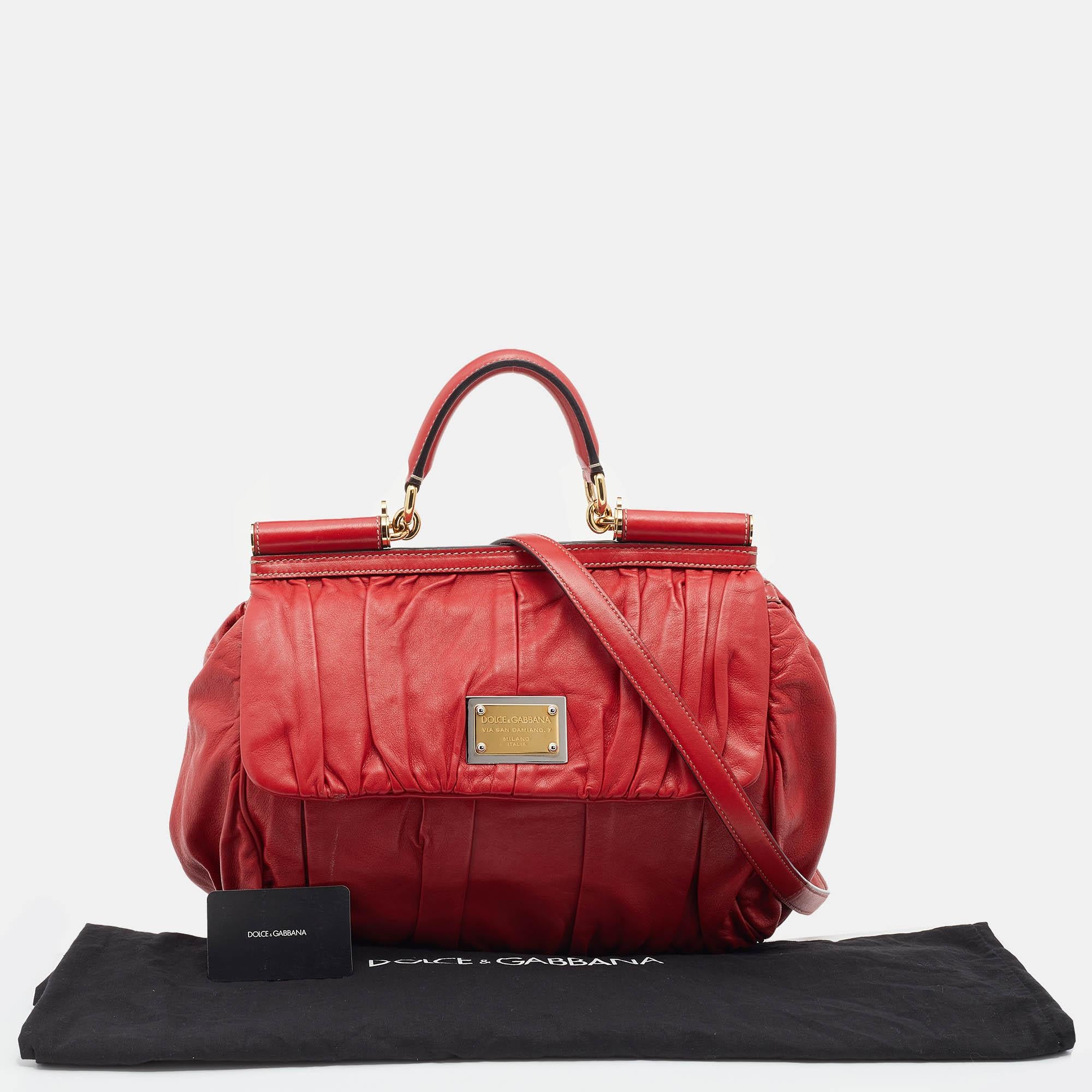 Dolce & Gabbana Red Pleated Leather Large Miss Sicily Top Handle Bag 7