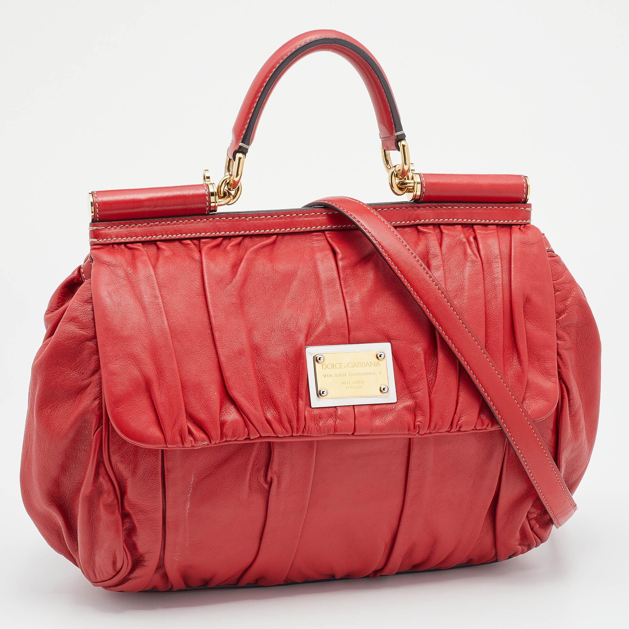 Women's Dolce & Gabbana Red Pleated Leather Large Miss Sicily Top Handle Bag