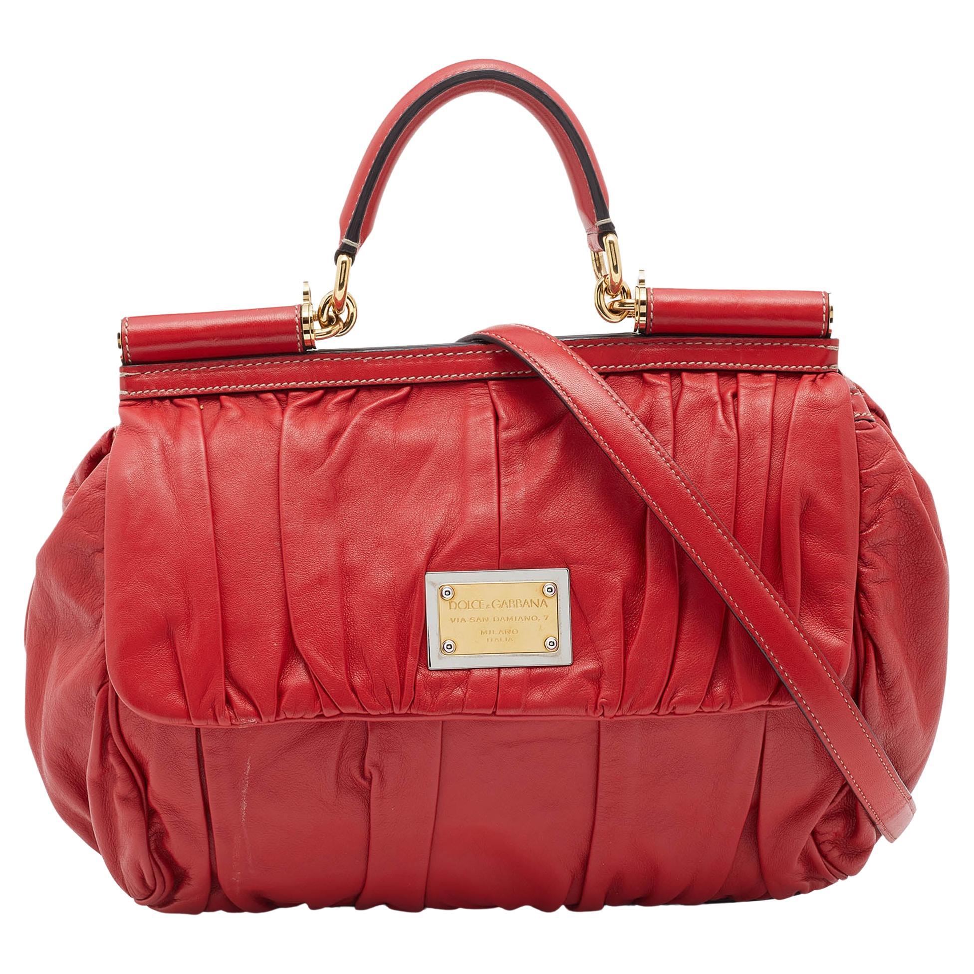 Carolina Herrera Red Signature Embossed Leather Camelot Top Handle Bag