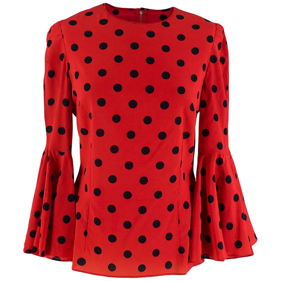 Dolce & Gabbana Red Polka Dot Bell Sleeve Silk Blouse - Size US 8 For Sale