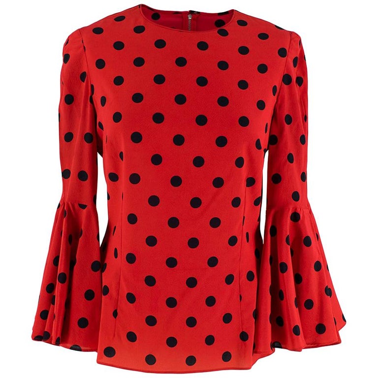 Dolce and Gabbana Red Polka Dot Bell Sleeve Silk Blouse - Size US 8 For ...