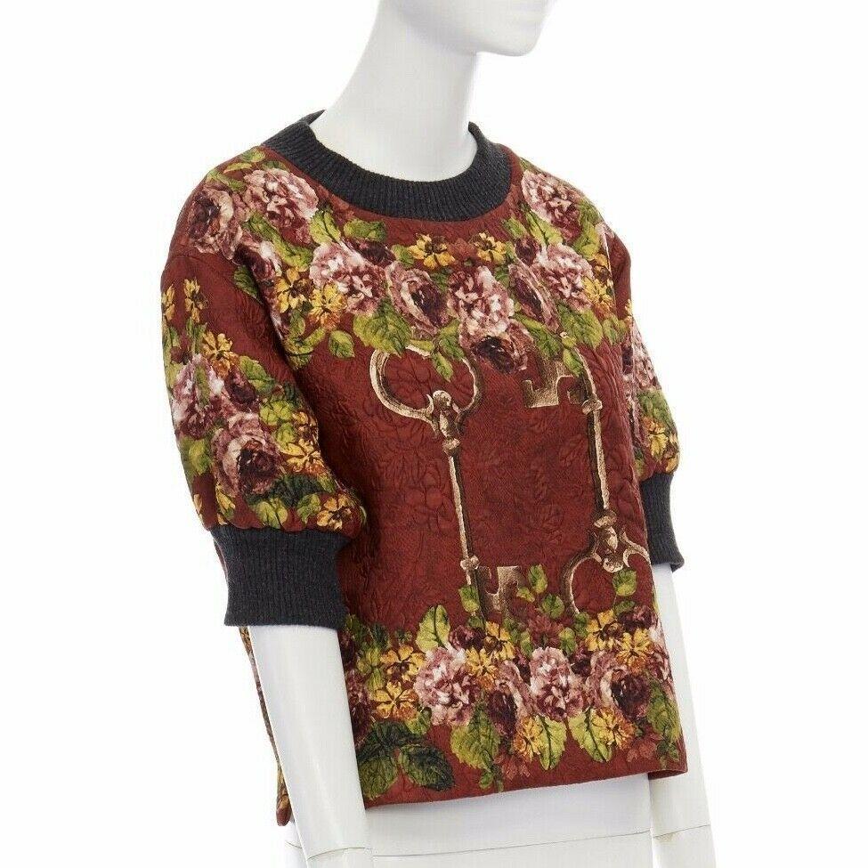 Brown DOLCE GABBANA red polyester silk jacquard floral key cropped boxy sweater top XS