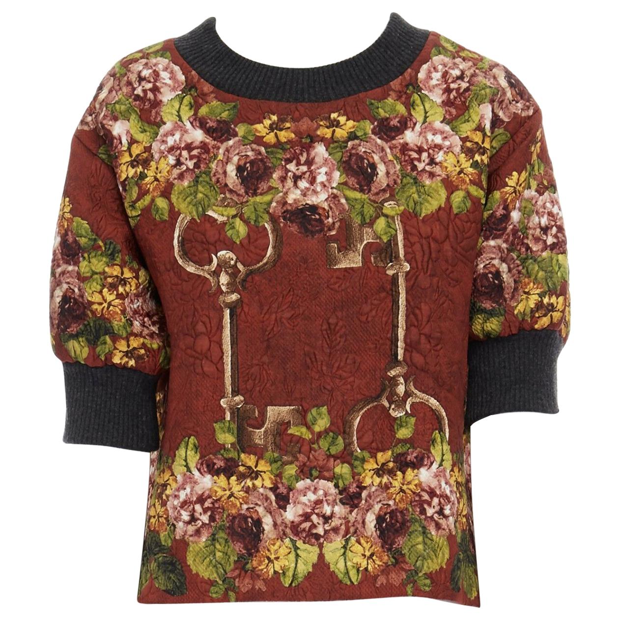 DOLCE GABBANA red polyester silk jacquard floral key cropped boxy sweater top XS