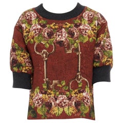 DOLCE GABBANA red polyester silk jacquard floral key cropped boxy sweater top XS