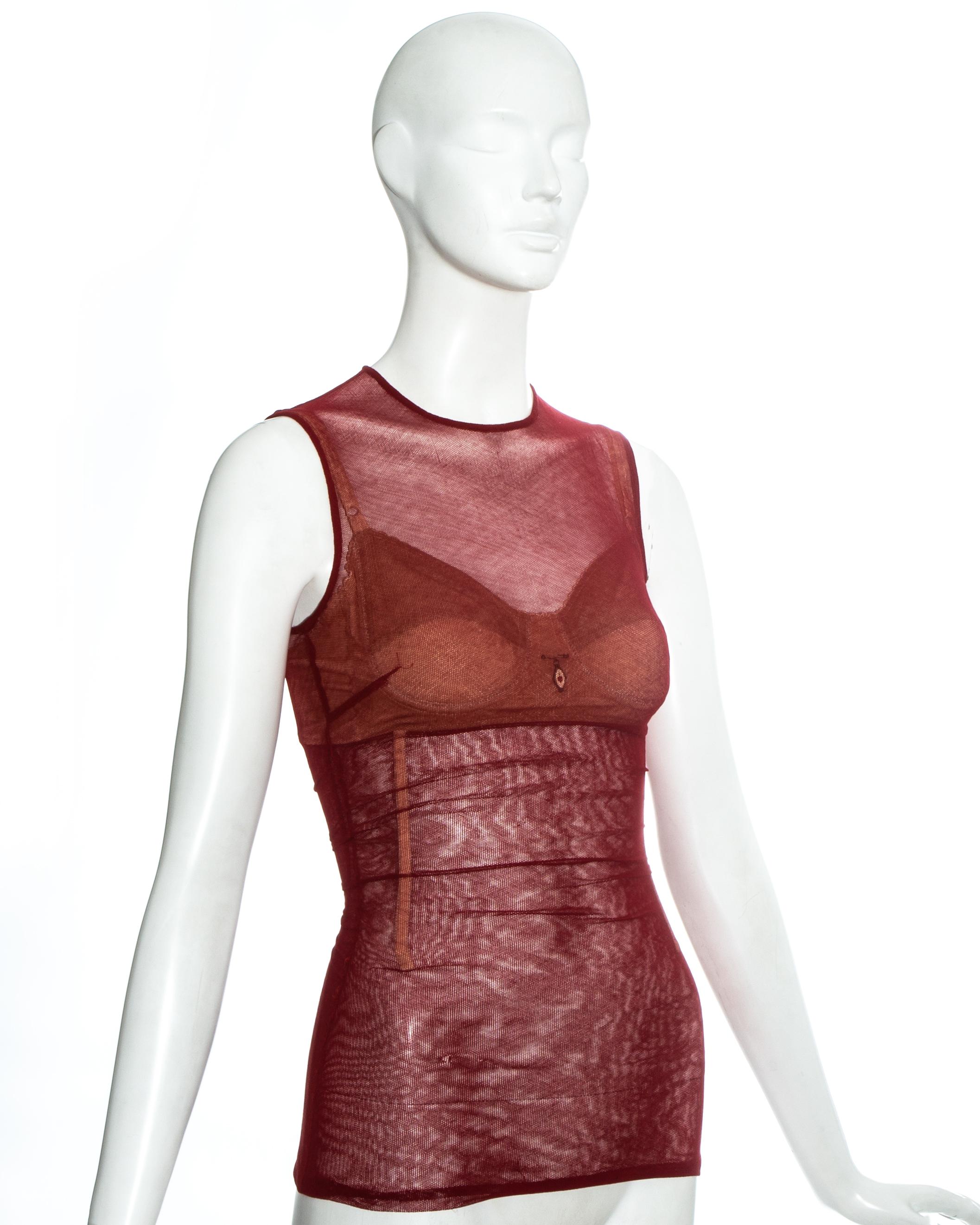 Brown Dolce & Gabbana red power mesh evening corset with built in bra, ss 1998
