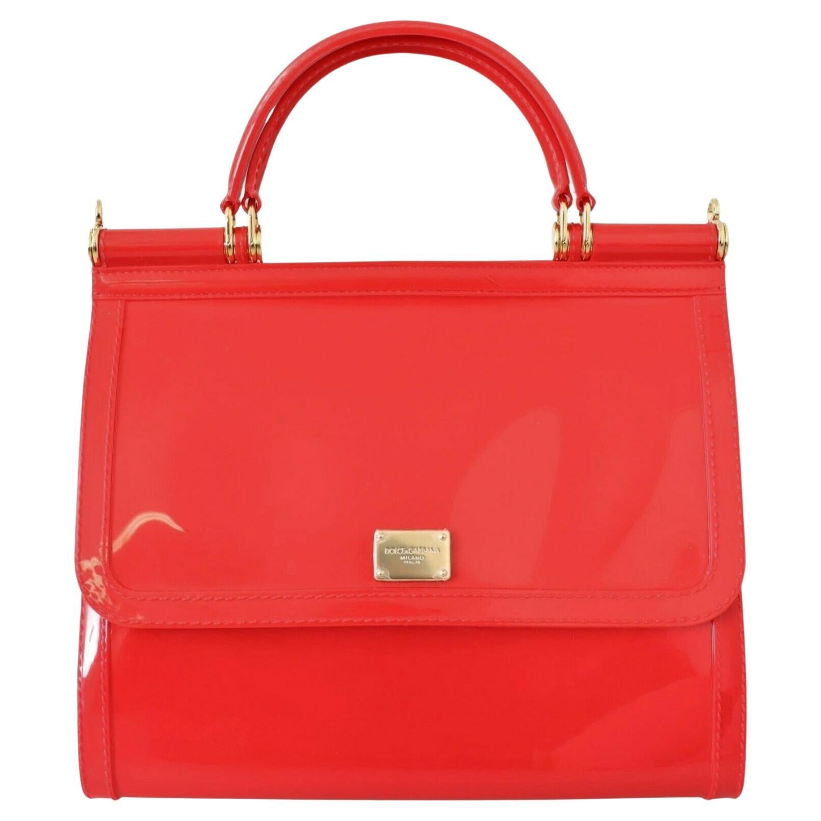 Dolce & Gabbana Red PVC Sicily Handbag Bag Purse Gold Detailing Double Handle For Sale