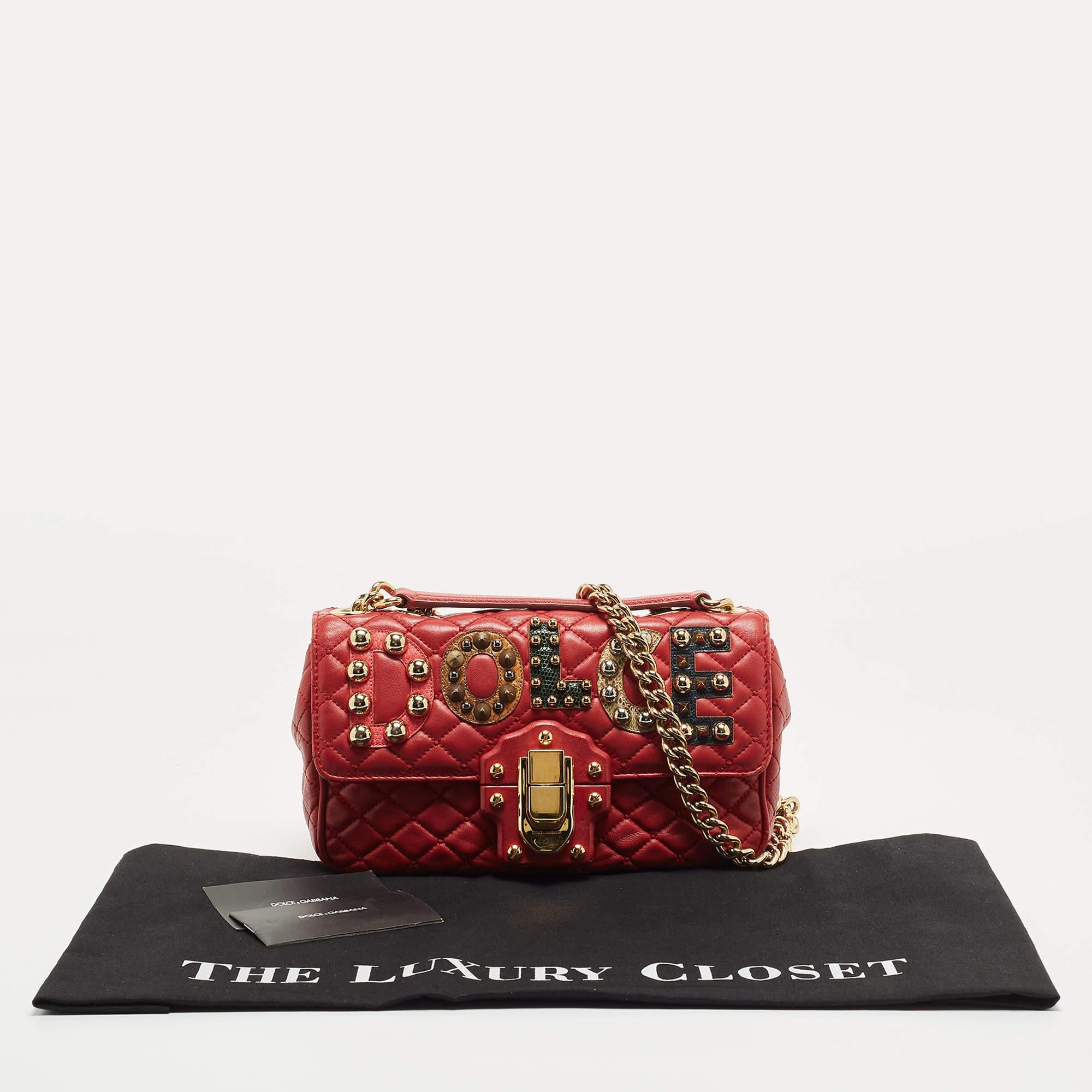 Dolce & Gabbana Red Quilted Leather Lucia Embellished Shoulder Bag 8