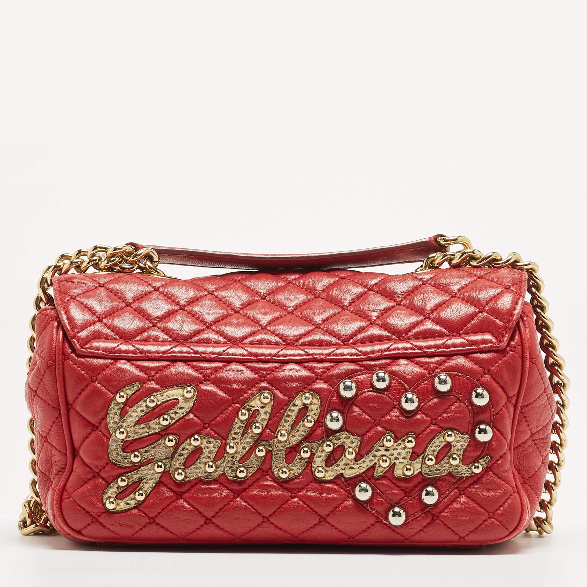 Dolce & Gabbana Red Quilted Leather Lucia Embellished Shoulder Bag In Fair Condition In Dubai, Al Qouz 2