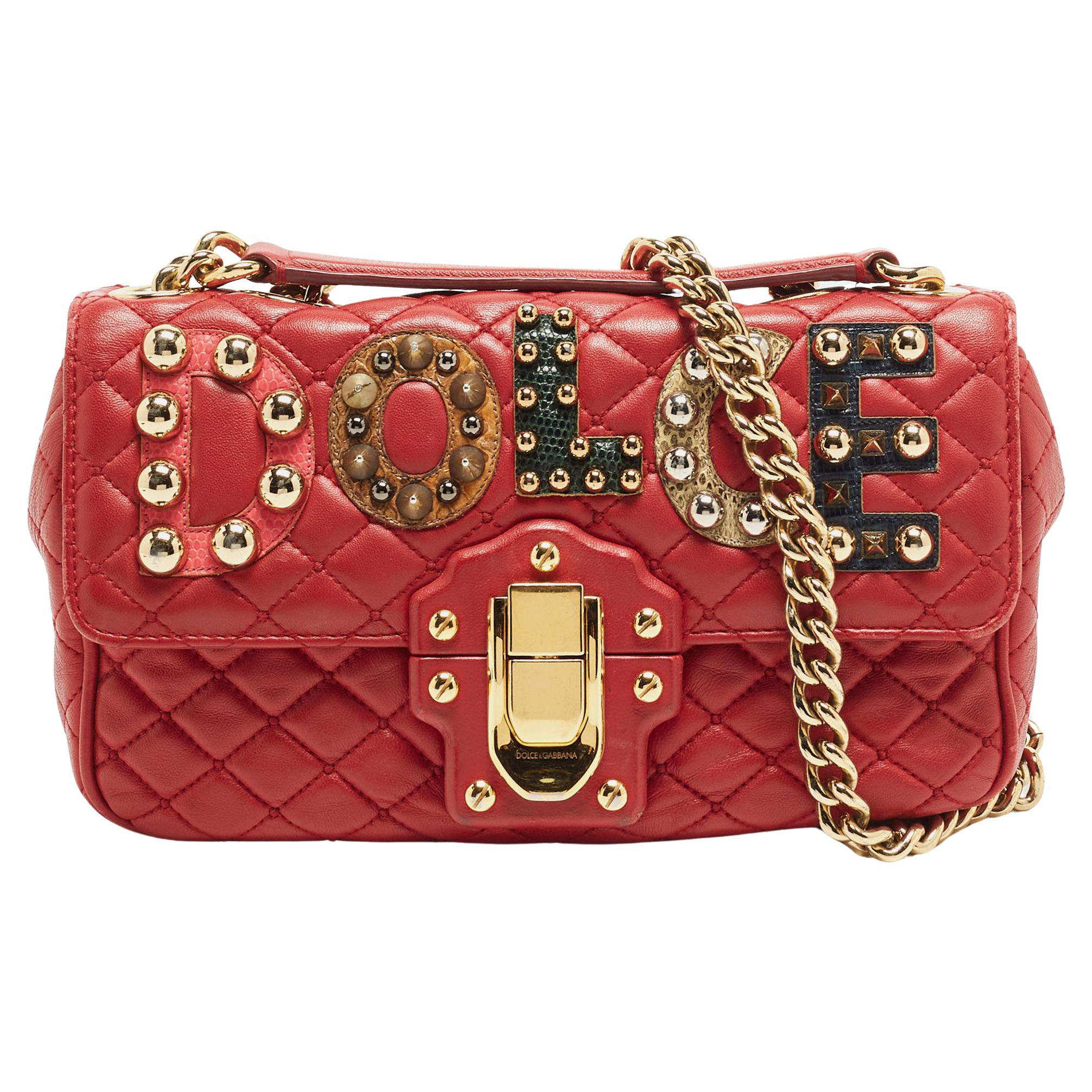 Dolce & Gabbana Red Quilted Leather Lucia Embellished Shoulder Bag