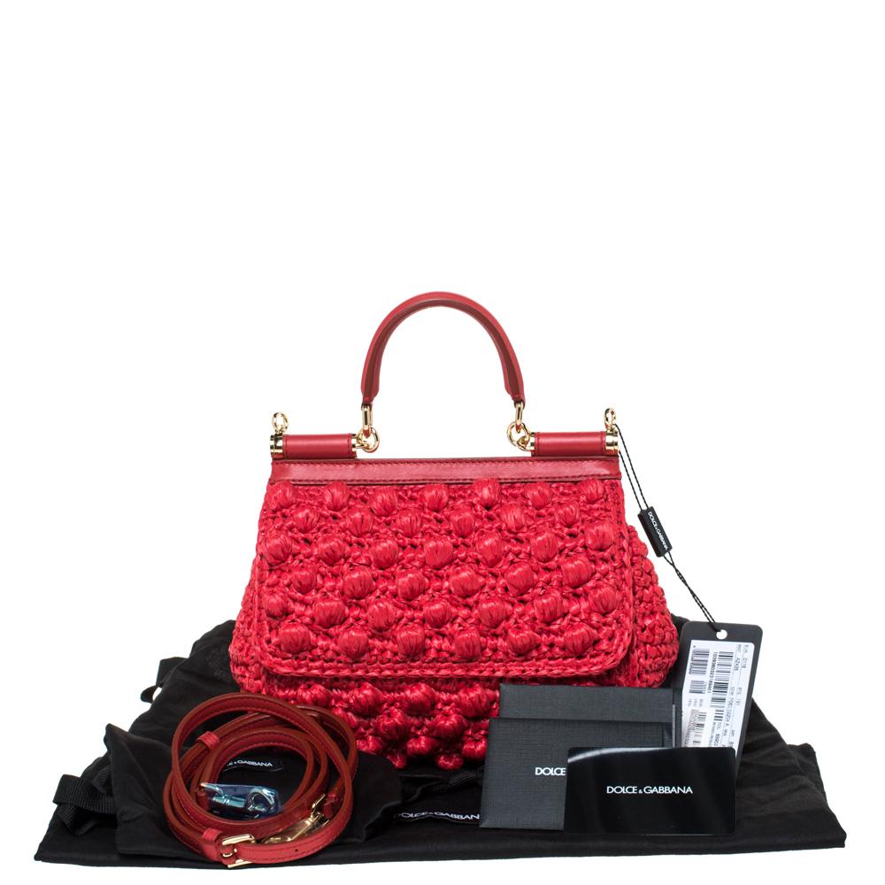 Dolce & Gabbana Red Raffia Crochet Small Miss Sicily Bag In New Condition In Dubai, Al Qouz 2