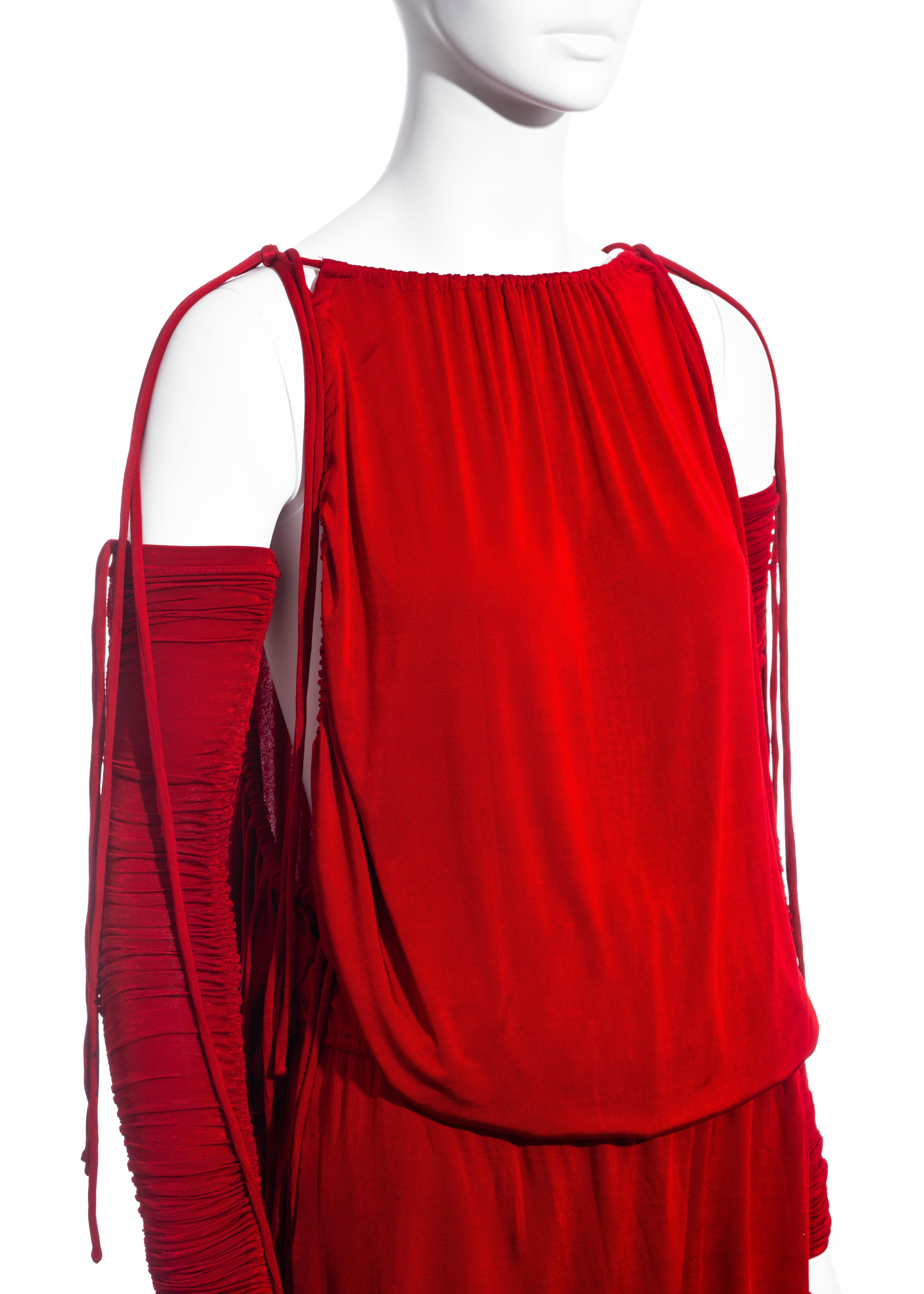 Women's Dolce & Gabbana red rayon drawstring mini dress and sleeves, ss 2003  For Sale