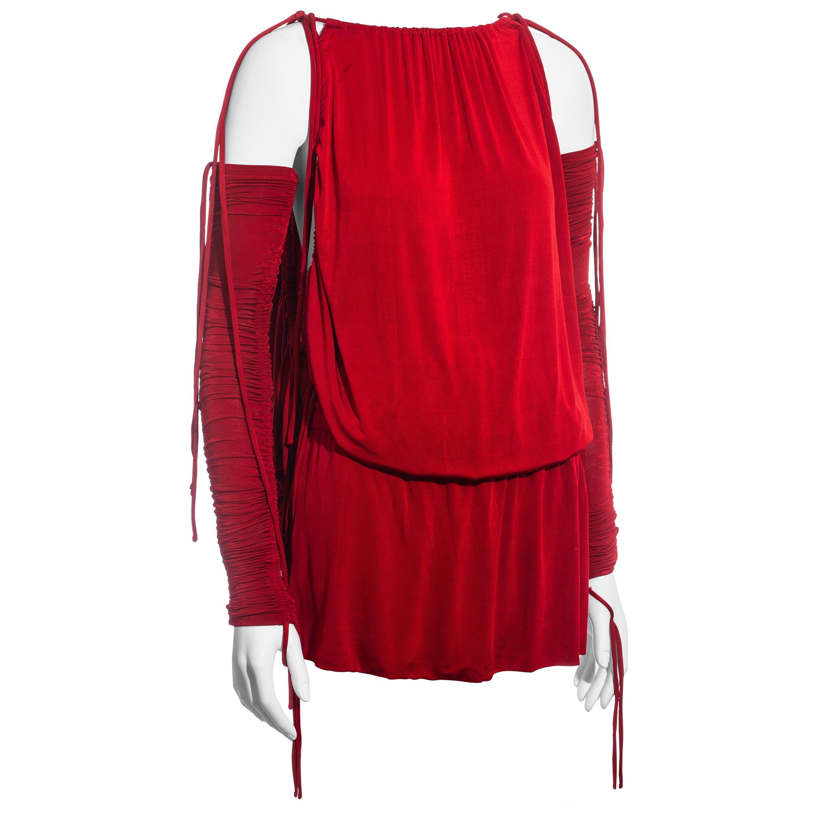 Dolce & Gabbana red rayon drawstring mini dress and sleeves, ss 2003 