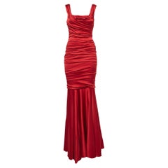 Dolce & Gabbana Red Ruched Satin Silk Sleeveless Fishtail Gown S