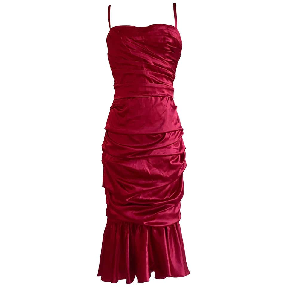 Dolce and Gabbana Red Ruched Silk Satin Cocktail Dress New with Tags at ...