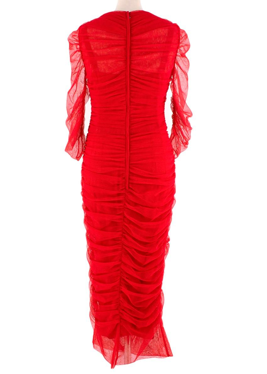 Dolce & Gabbana Red Ruched Stretch-tulle Midi Dress

- Slim sweetheart neckline 
- Ruched bodice
- Underwired satin slip 
- Lightweight tulle 
- Gathered sleeves 
- Back zip 

Material: 
49% cotton, 27% polyamide, 24% elastane
Lining: 94% silk, 6%