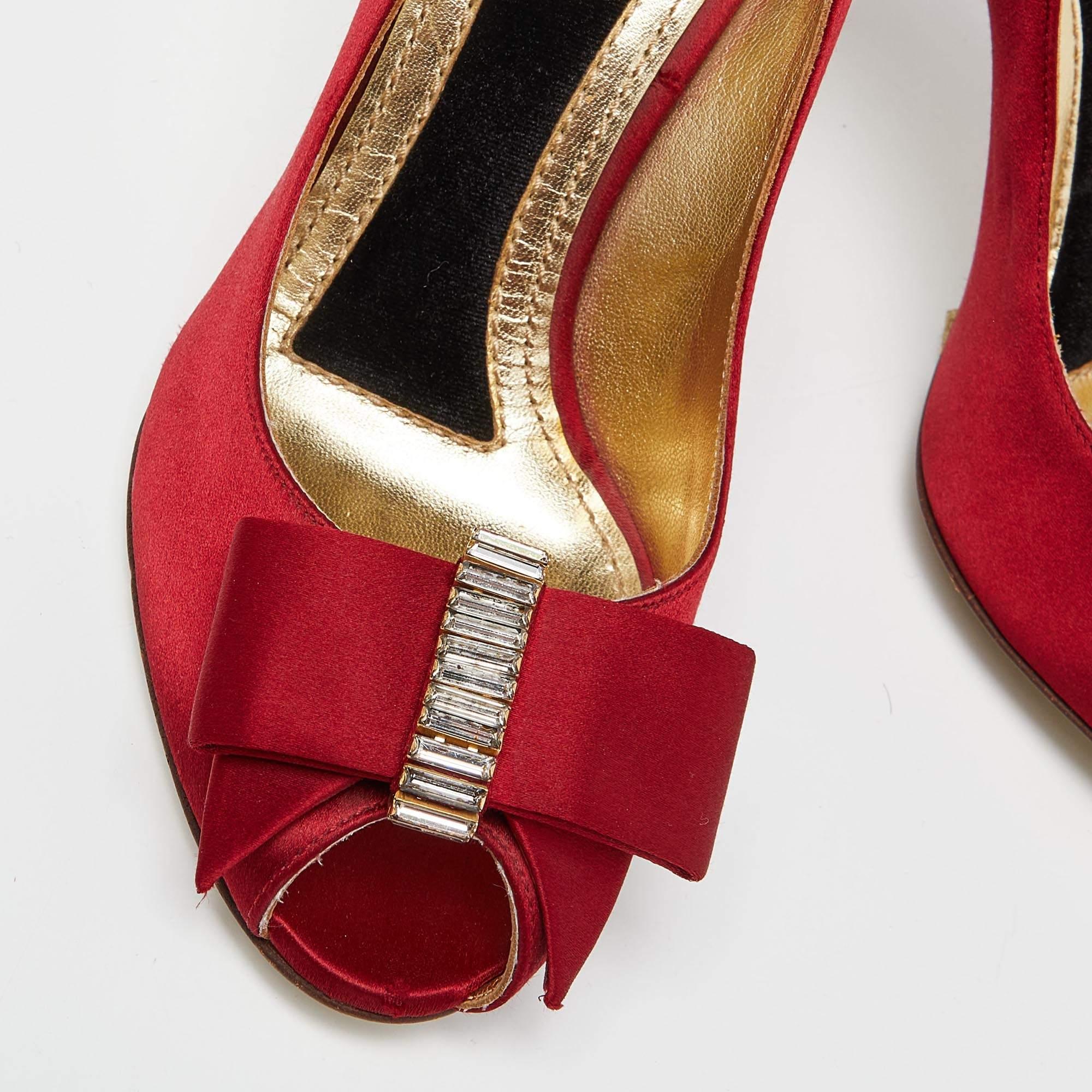 Dolce & Gabbana Red Satin Crystal Embellished Bow Peep Toe Pumps Size 37 For Sale 3