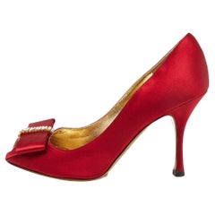 Dolce & Gabbana Red Satin Crystal Embellished Bow Peep Toe Pumps Size 37