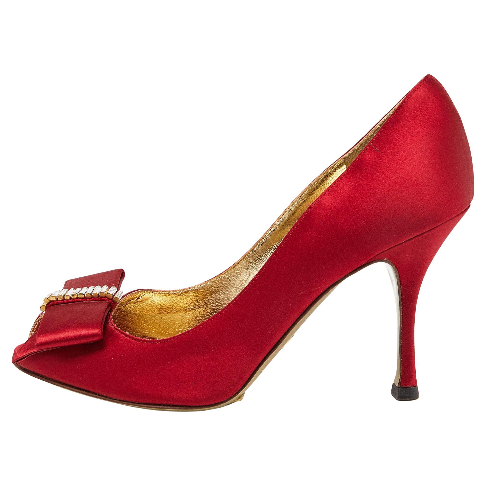 Dolce & Gabbana Red Satin Crystal Embellished Bow Peep Toe Pumps Size 37 For Sale