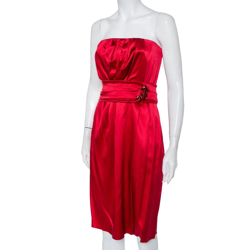 red satin strapless dress