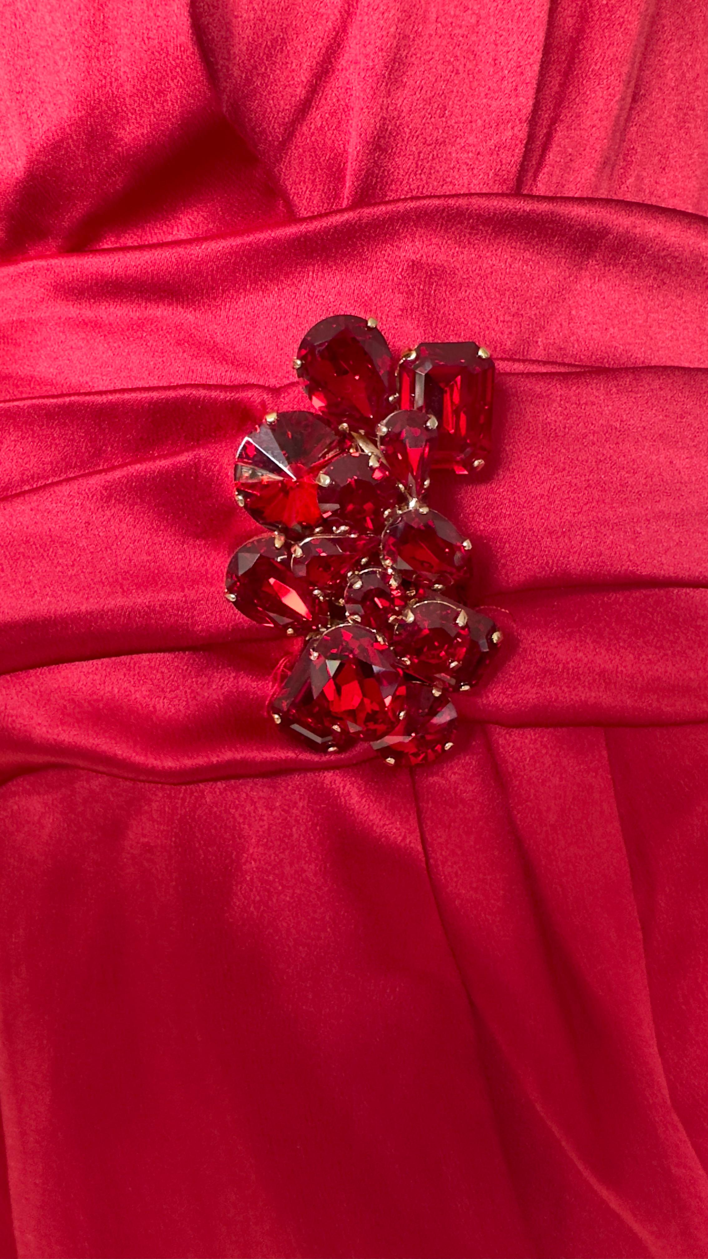 Women's Dolce & Gabbana Red Satin Silk Embellished Draped Strapless Dress M For Sale