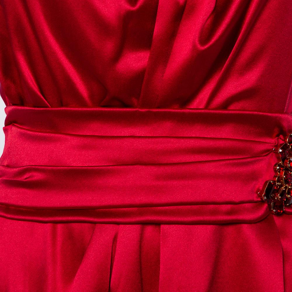 Women's Dolce & Gabbana Red Satin Silk Embellished Draped Strapless Dress M