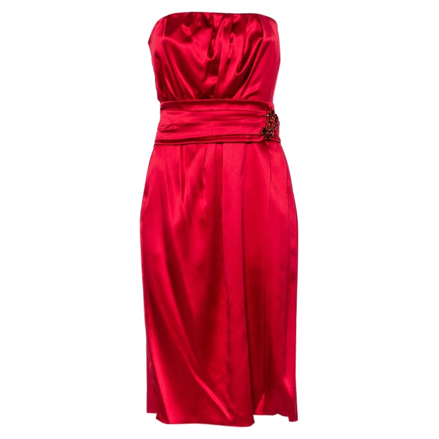 Dolce 
Gabbana Red Satin Silk Embellished Draped Strapless Dress M