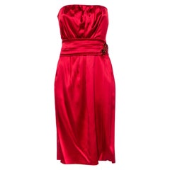 Dolce & Gabbana Red Satin Silk Embellished Draped Strapless Dress M