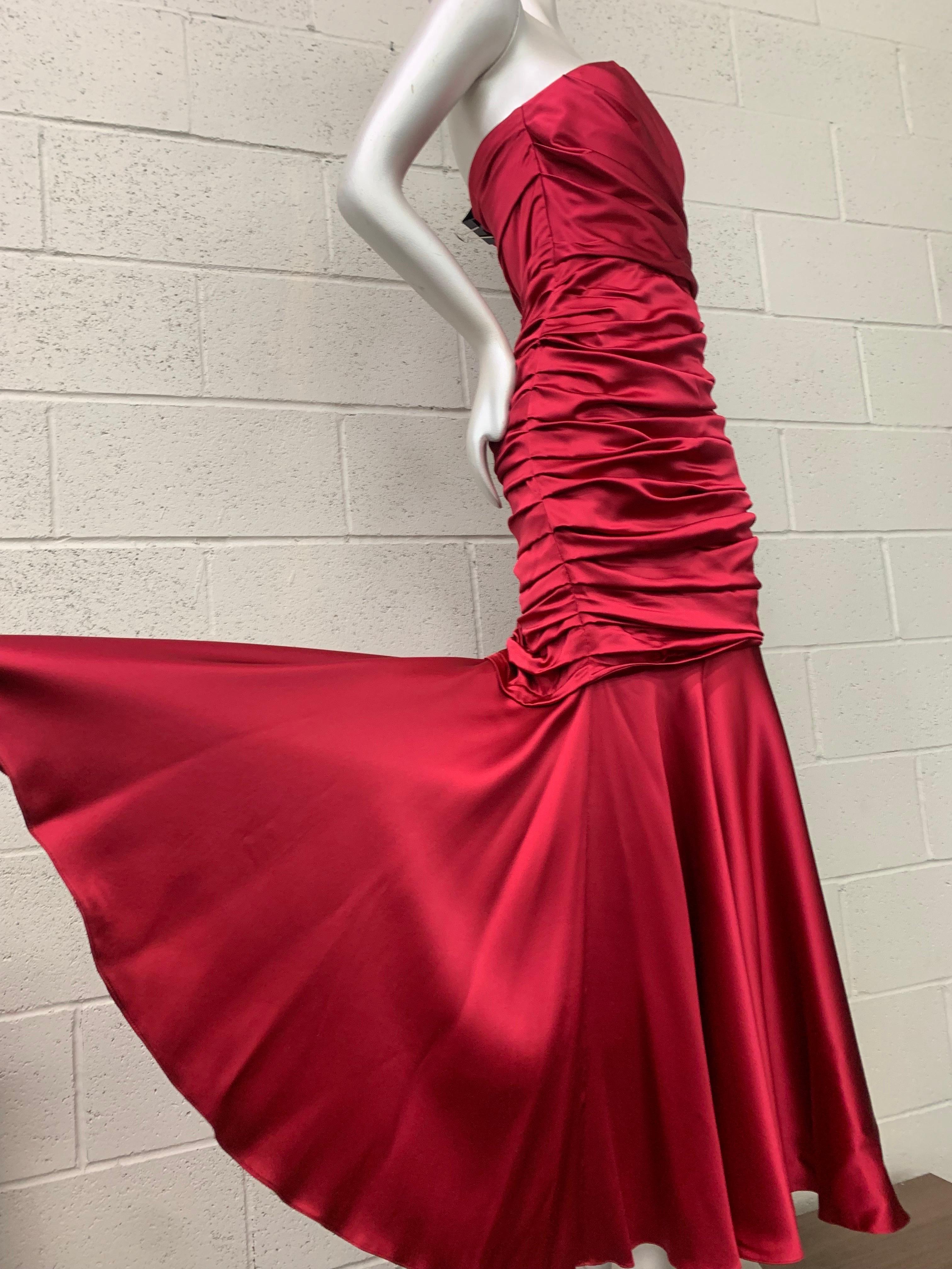 Dolce & Gabbana Red Satin Strapless Corset Gown w Fishtail Hem & Ruched Bodice In New Condition For Sale In Gresham, OR