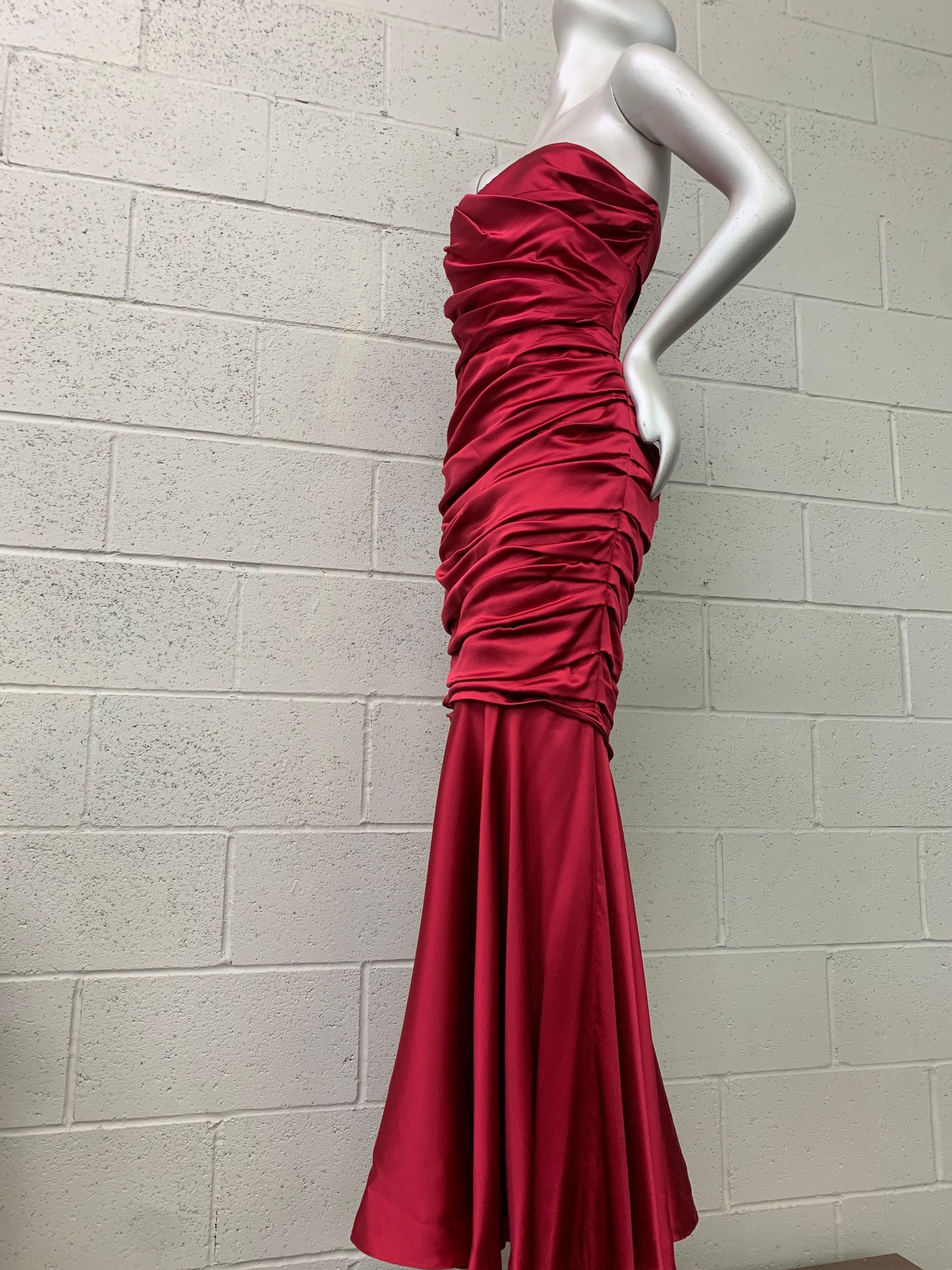 Women's Dolce & Gabbana Red Satin Strapless Corset Gown w Fishtail Hem & Ruched Bodice For Sale