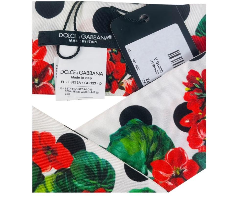 Dolce & Gabbana Red Silk Floral Mini Scarf Headscarf Tie DG Geranium Polkadot For Sale 1