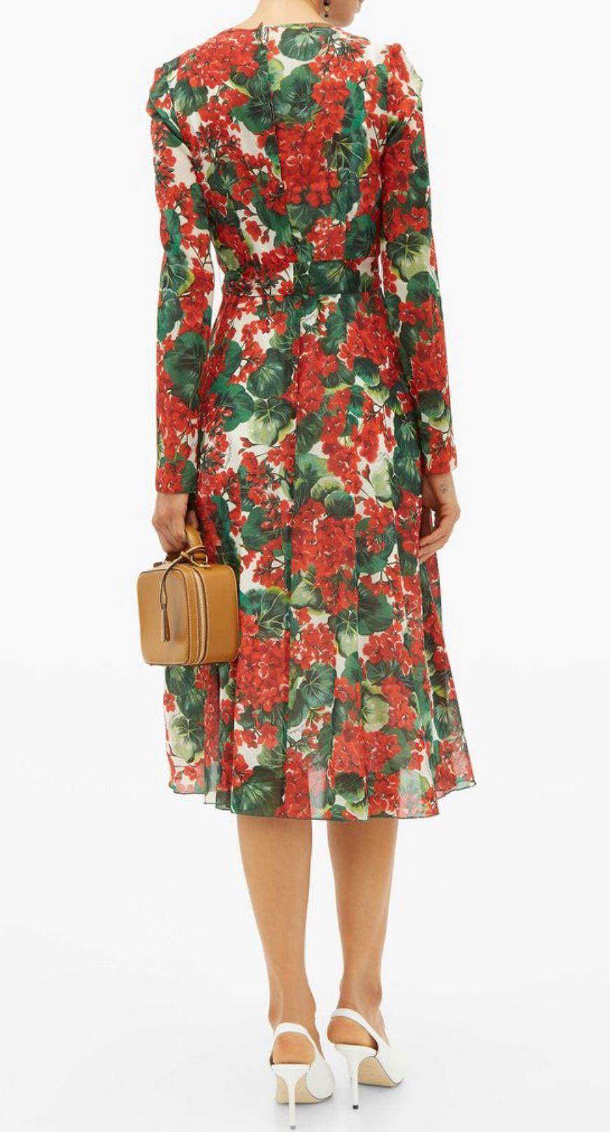 Dolce & Gabbana Red Silk Geranium Floral Midi Dress Flowers Mid-length V-neck In New Condition For Sale In WELWYN, GB