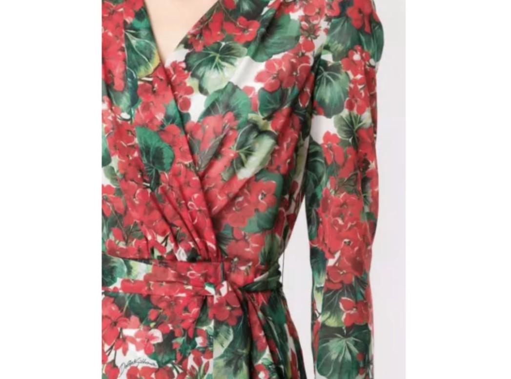 Women's Dolce & Gabbana Red Silk Geranium Floral Midi Dress Flowers Mid-length V-neck For Sale
