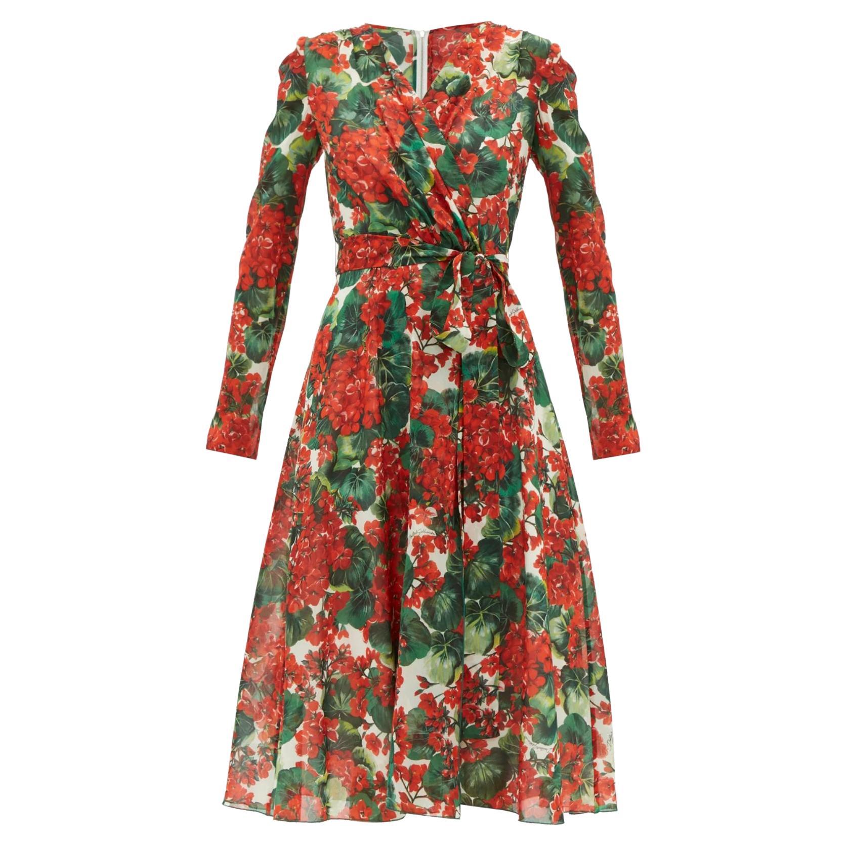 Dolce & Gabbana Red Silk Geranium Floral Midi Dress Flowers Mid-length V-neck For Sale 2