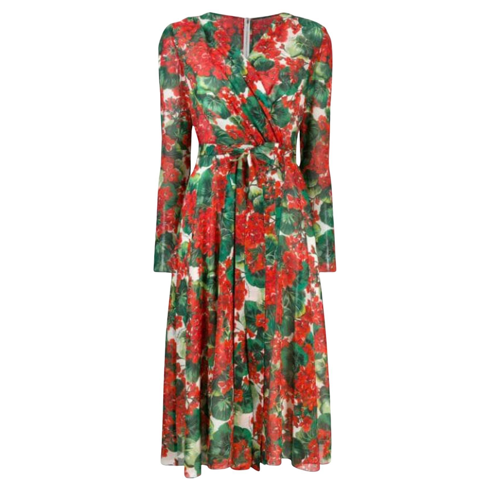 Dolce & Gabbana Red Silk Geranium Floral Midi Dress Flowers Mid-length V-neck For Sale