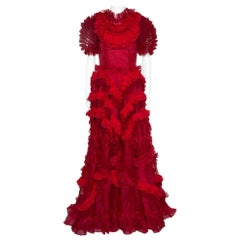 Dolce & Gabbana Red Silk Organza All-Over Ruffle Detail Long Dress IT 42