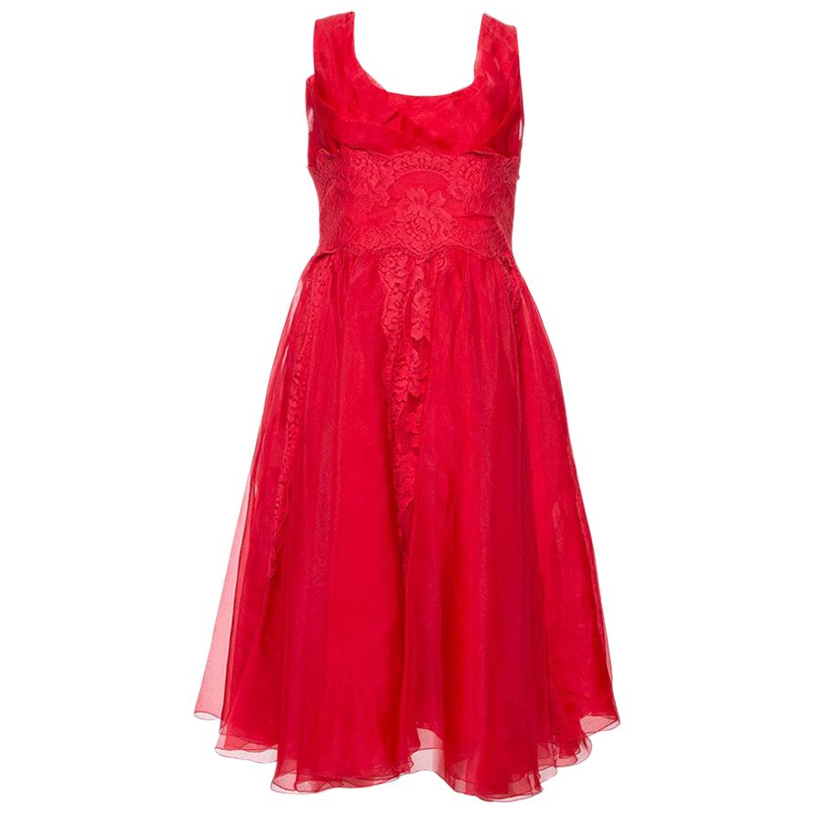Dolce & Gabbana Red Silk Organza Lace Trim Flared Dress M