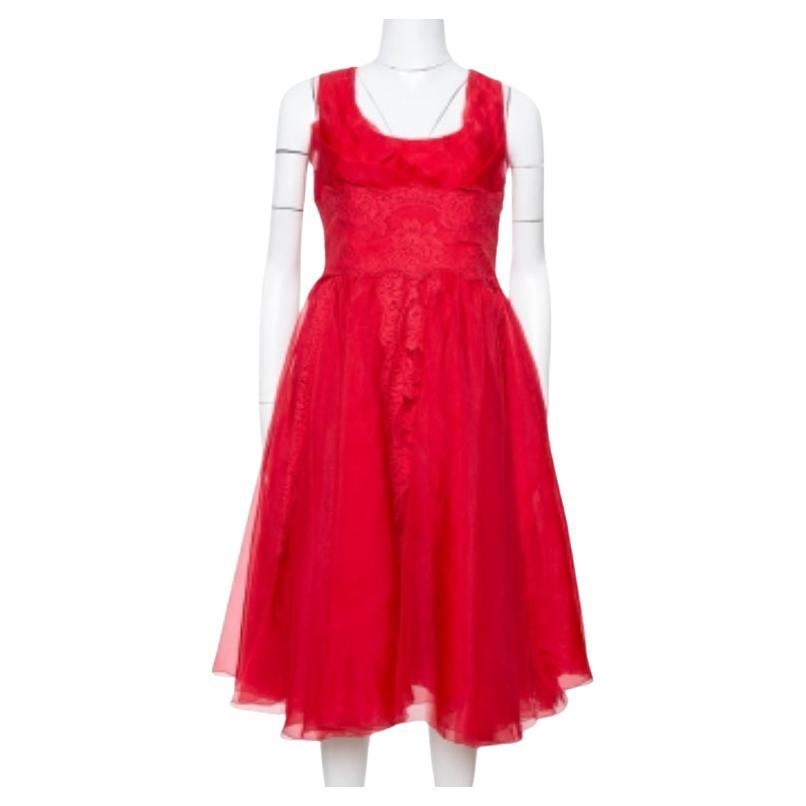 Dolce & Gabbana Red Silk Organza Lace Trim Flared Dress M For Sale