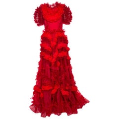 Dolce & Gabbana Red Silk Organza Ruffle Detail Gown M
