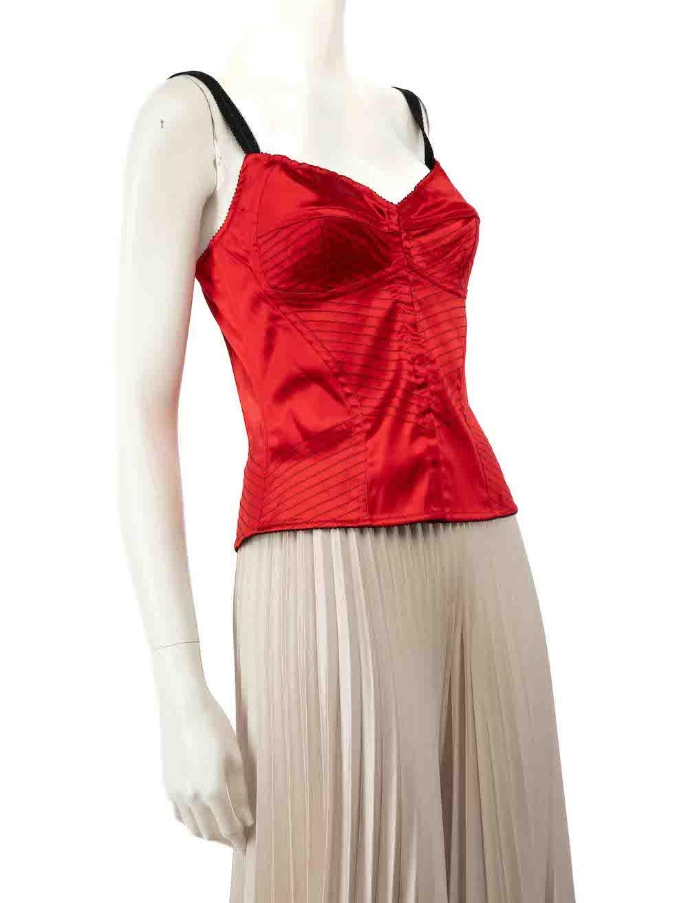 CONDITION is Very good. Minimal wear to top is evident. Minimal wear to right side of the back is seen with a small mark. The composition label is missing on this used Dolce & Gabbana designer resale item.
 
 
 
 Details
 
 
 Red
 
 Silk
 
 Corset