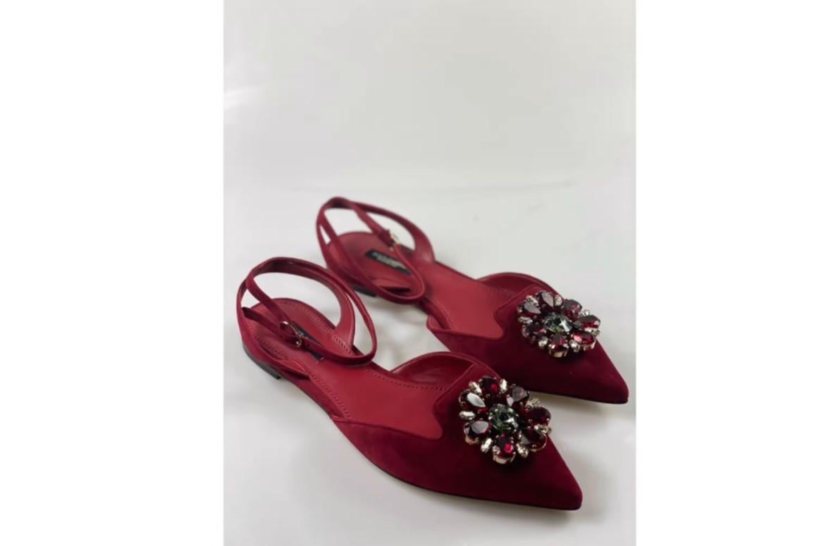Brown Dolce & Gabbana Red Taormina Crystals Suede Shoes Flats Strap Sandals Leather For Sale